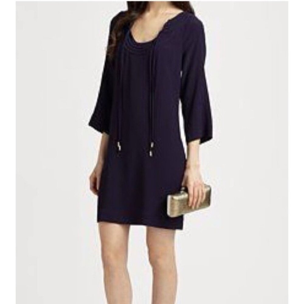 DVF Diane Von Furstenberg Dress Blue 4 Small Shift Long Sleeve Relaxed Tie Neck